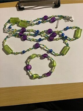Lane Bryant Purple, Lime Green and Blue Glass Necklace with Bracelet & Earrings